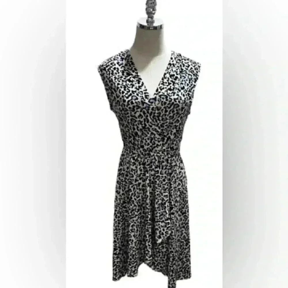 BCBGl Maxazria Cadet Blue Leopard Print Faux Wrap V Neck Elastic Dress Sz Sm - Picture 6 of 11
